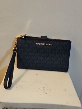 Michael Kors Blue on Blue MK Logo Phone Wristlet with Gold Hardware